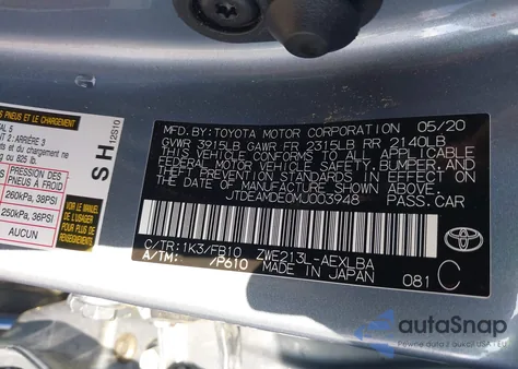 2021 Toyota Corolla Hybrid Le from USA, damaged, VIN JTDEAMDE0MJ003948